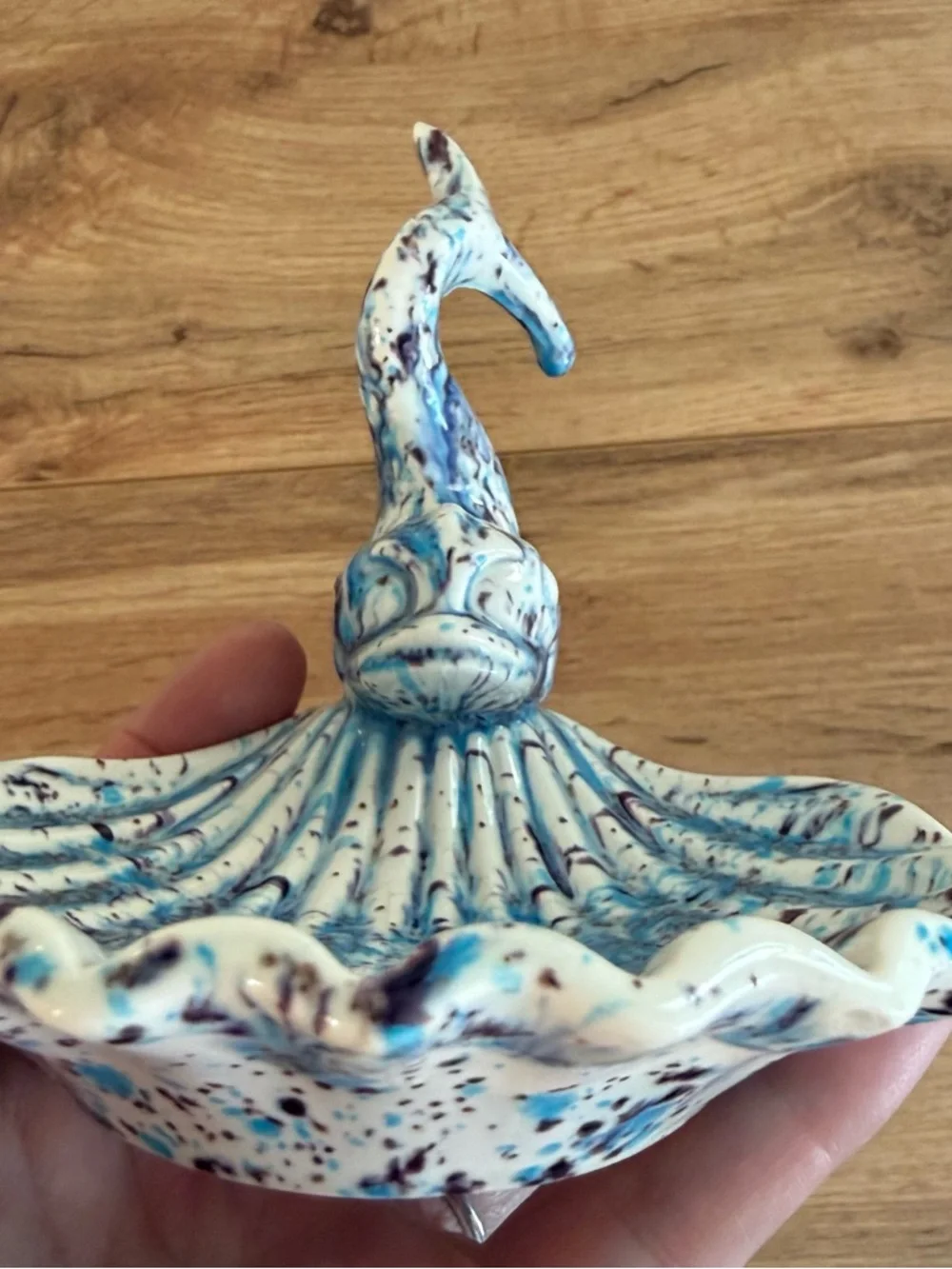 Vintage MCM Art Deco Shell Trinket Soap Dish Fish Koi Blue Holland Mold 1970s
